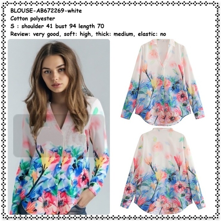AMELIE BUTIK AB672269 Baju Atasan Kerja Kemeja Lengan Panjang Putih White Motif Bunga Flower Wanita 
