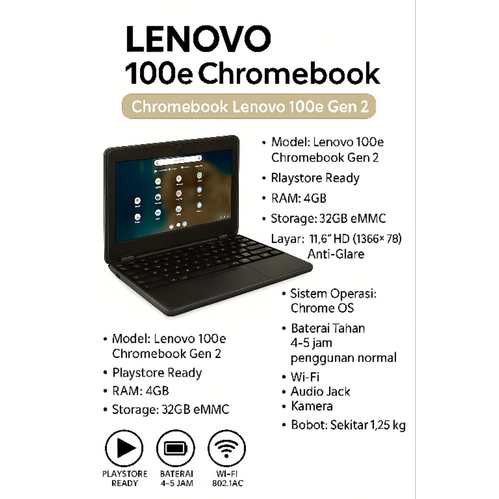 Laptop Chromebook LENOVO 100E, OS Chromebook, 4GB Ram