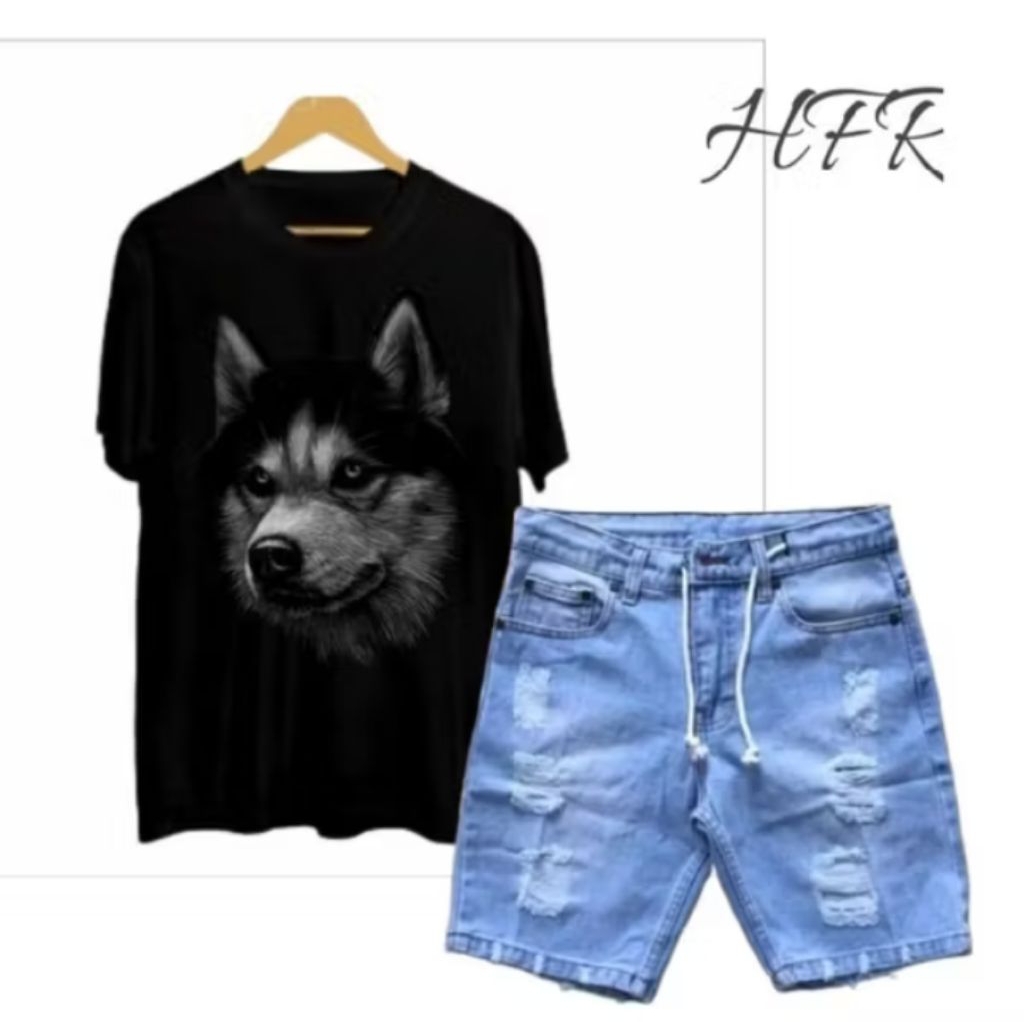 Setelan Kaos Pria & Wanita Srigala dan Celana Jeans Sobek Pendek Pria