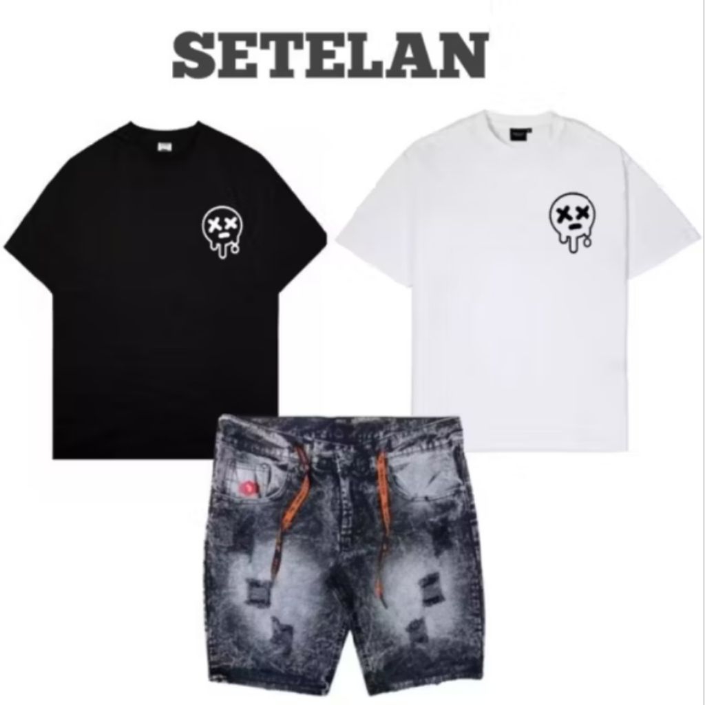 Setelan Kaos Pria & Wanita Emot dan Celana Jeans Pendek Sobek Pria