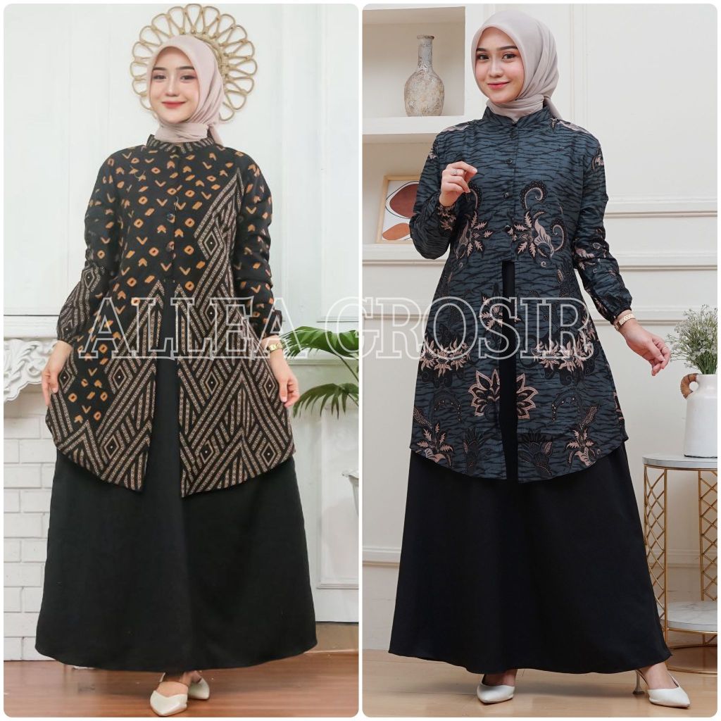Gamis batik kombinasi pakaian muslim wanita motif songket zahra dress baju batik wanita lengan panja
