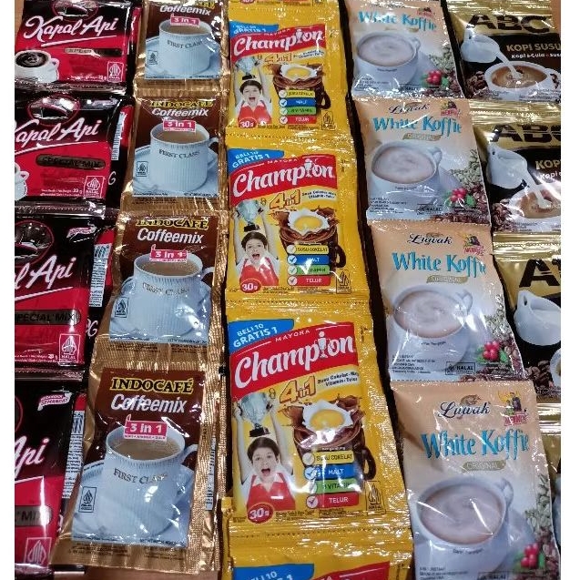 

ecer dan grosir kopi siap saji kemasan (kapal api, kopi mix, white kopi, kopi ABC, champion dll)