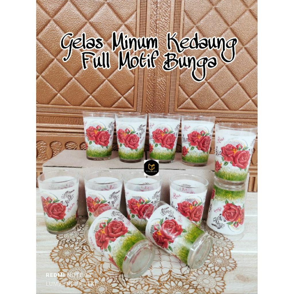 6Pcs Gelas Kaca Motif Bunga Mawar Kedaung – Set Gelas Minum Cantik Full Warna 250ml / Gelas Minum Ka