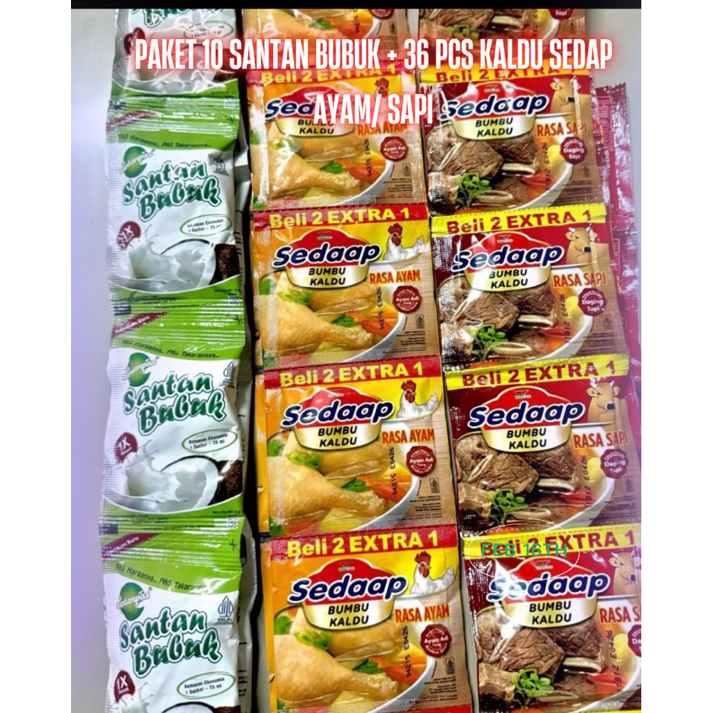 

Paket 10 Pcs santan bubuk + 36 Pcs Kaldu Bubuk Sedap ayam / Sapi