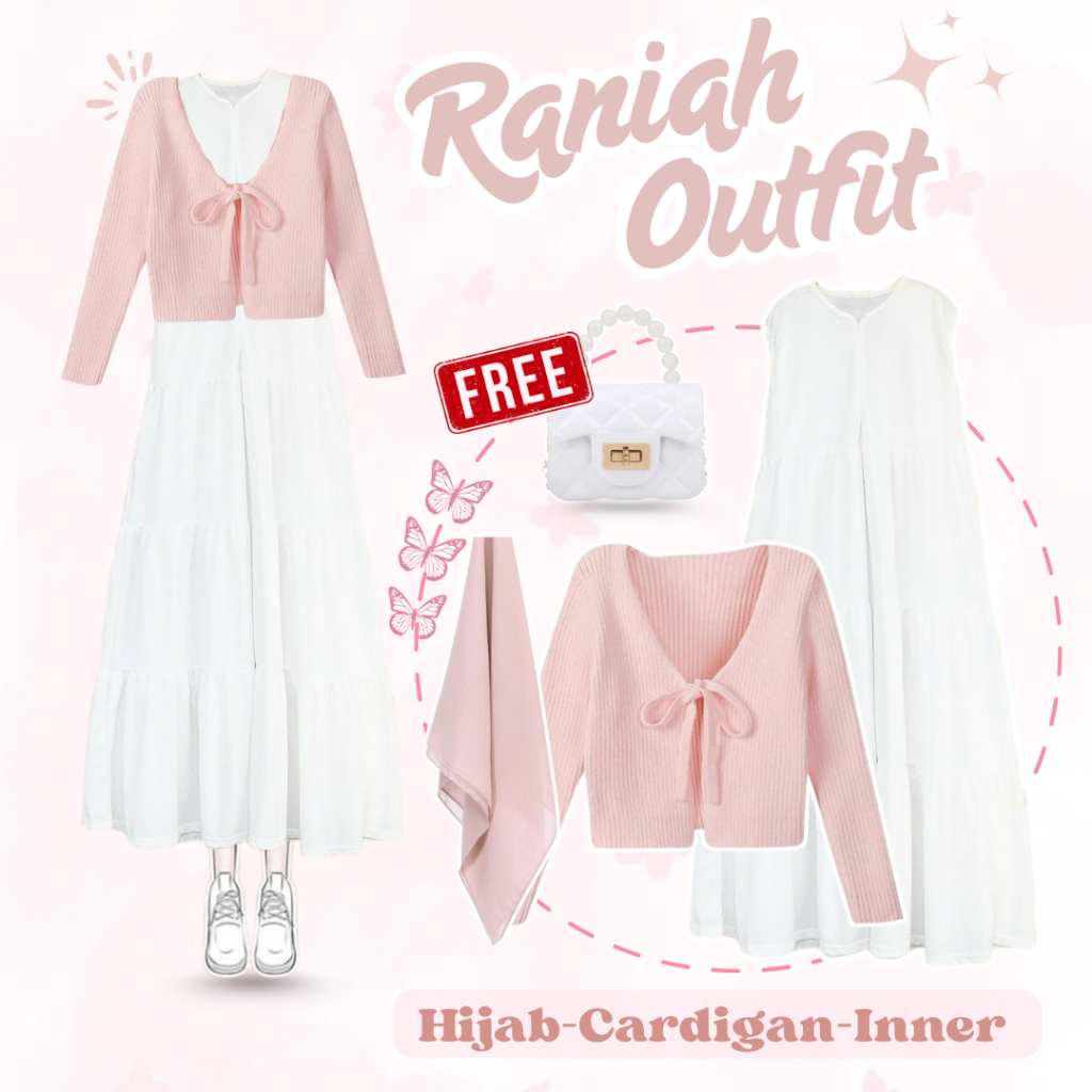 Baju Setelan Wanita Kekinian |Cardigan Rajut Pink|Inner Dress Susun Putih|Hijab Soft Pink| QNL040
