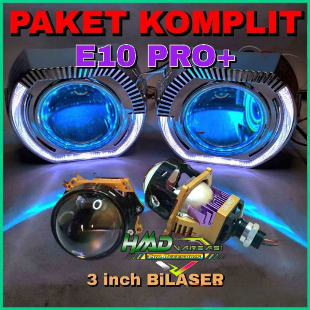 PAKET KOMPLIT HEMAT BI-LED VAHID PROJIE E10 PRO+ LAMPU UTAMA BI-LED PROJECTOR 3 INCH PURPLE LENS - S
