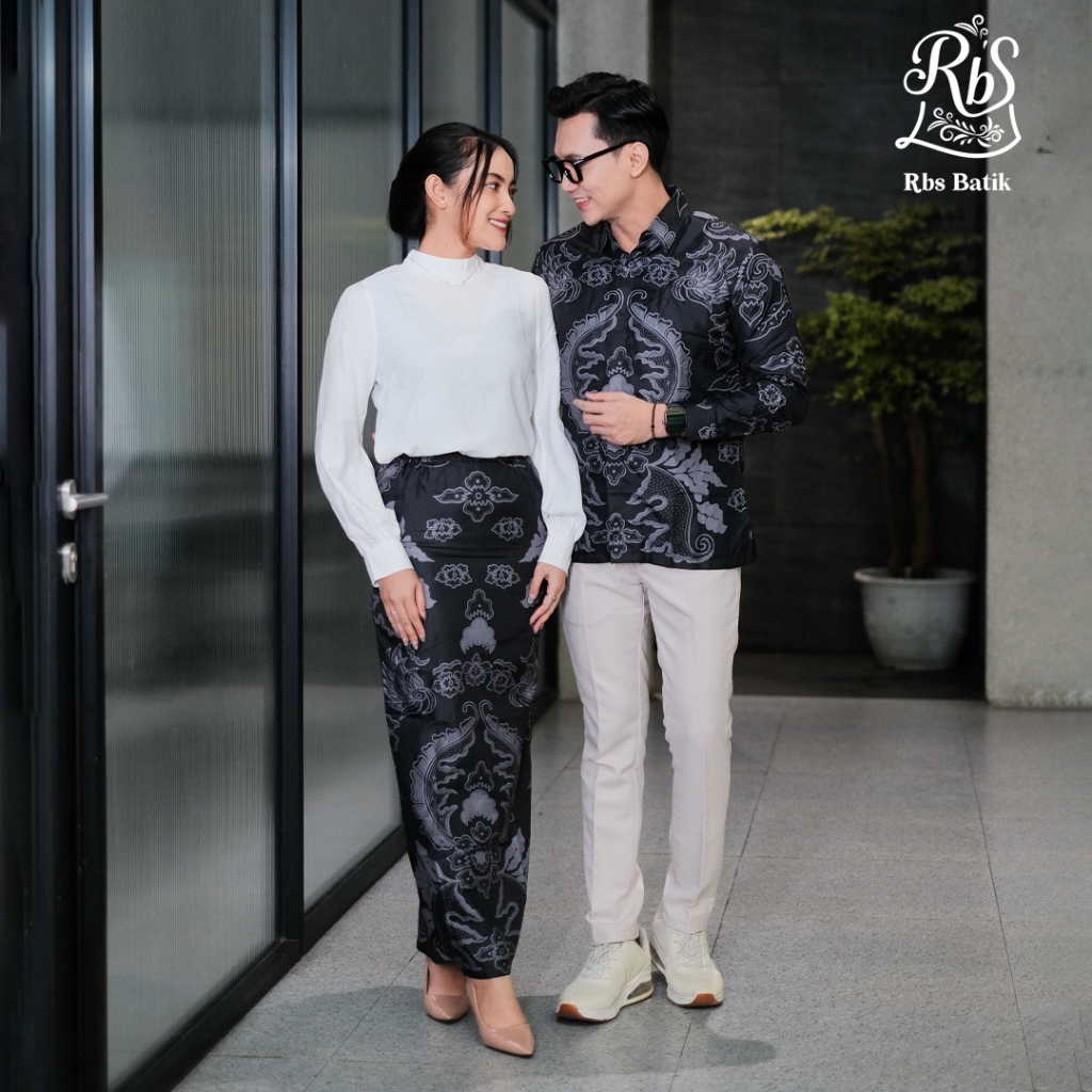 RBS Batik -Kemeja Rok Batik Couple Pria Wanita Yudhistira Slimfit Lapis Furing Warna Hitam Abu