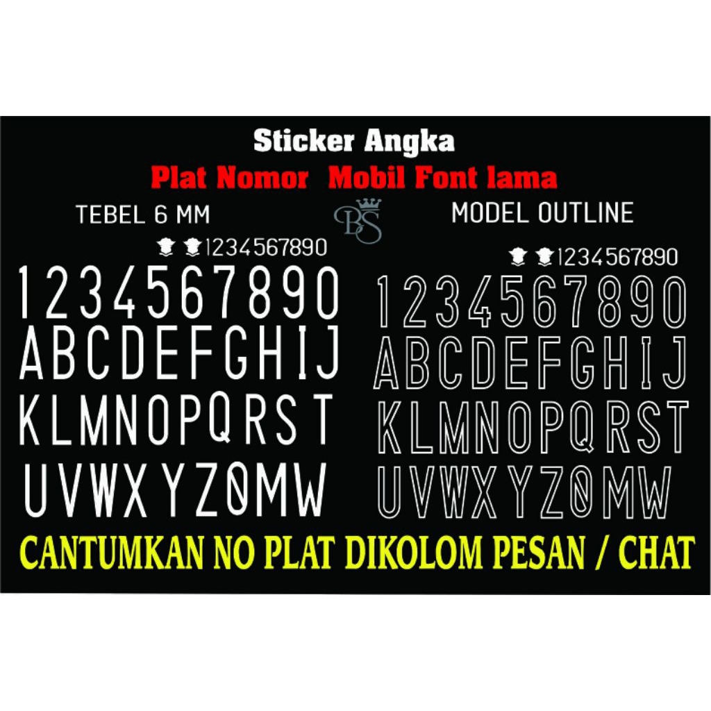 Sticker cutting sticker angka plat nomor mobil font lama