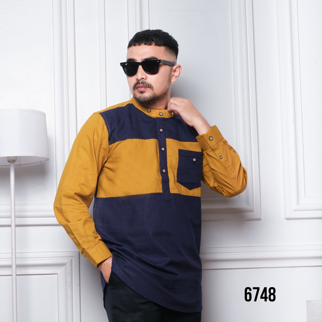 DGM Baju Koko Pria Kombinasi Katun Cigarette Lengan Panjang Mustard Navy Kemeja Koko 6748