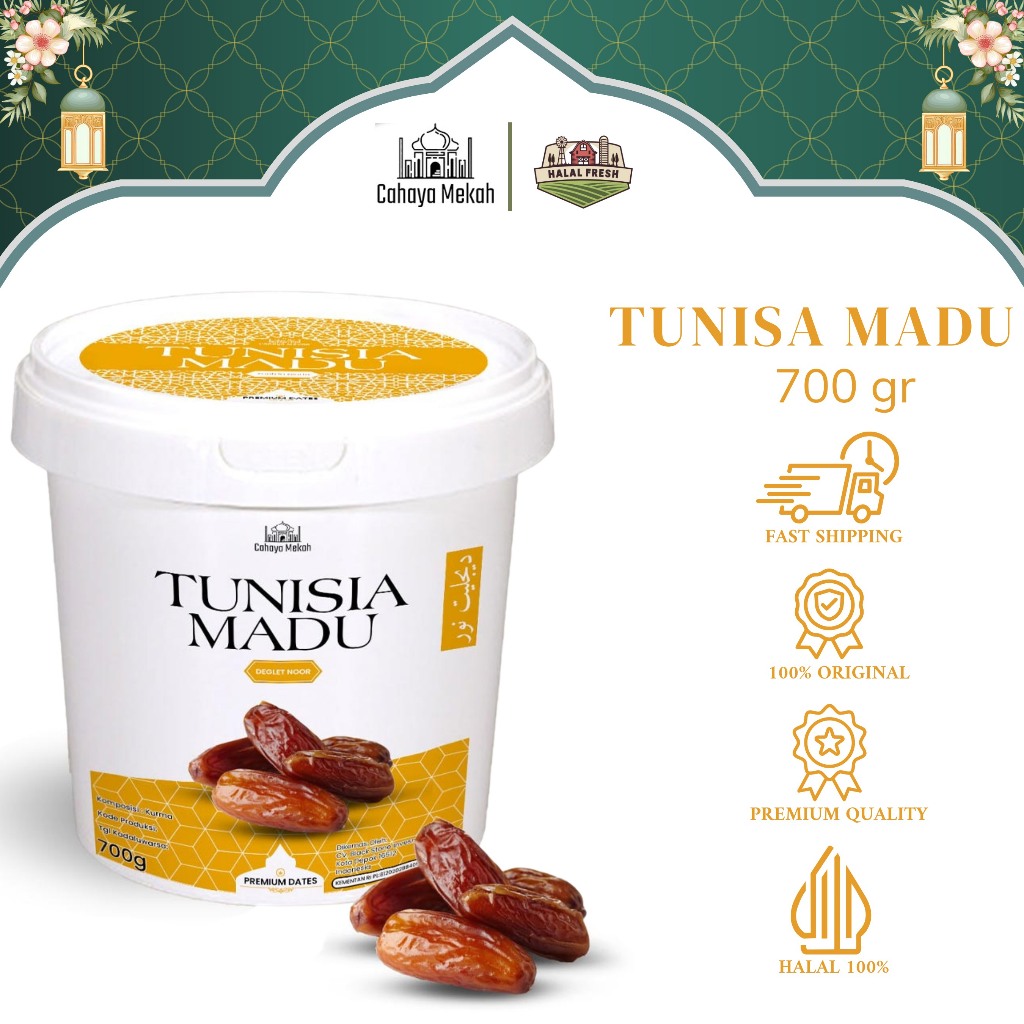 

Cahaya Mekah Kurma Tunisia Madu Ember 700gr Deglet Noor Honey Premium Original High Quality