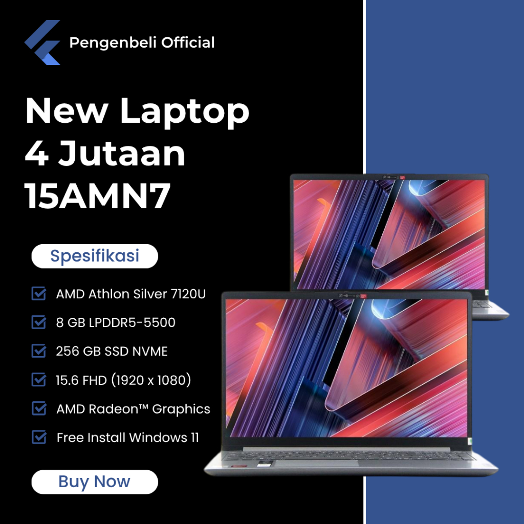 New Laptop 4 Jutaan - AMD Athlon Silver 7120U - Ram 8GB - SSD 256GB - Layar 15.6" FHD - Free Install
