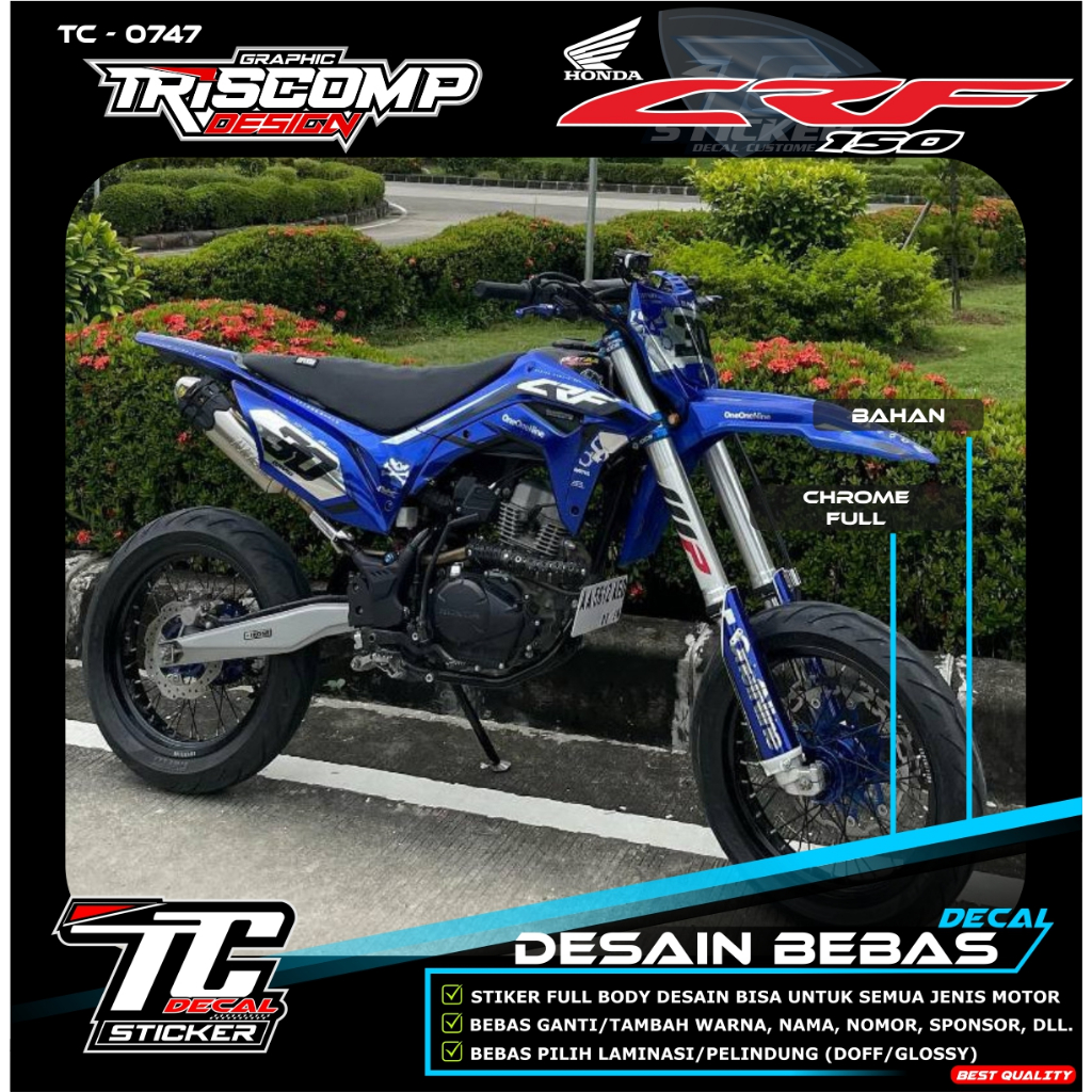 STICKER DECAL CRF 150L CRHOME CUSTOM NAMA NOMOR DAN WARNA BIRU CANDY  DESAIN MOTIF BISA UNTUK KLX/DT