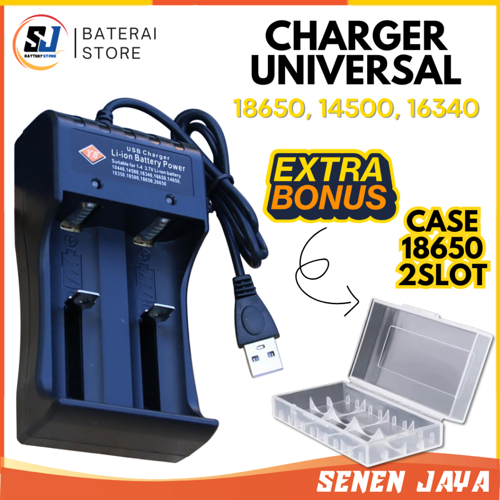 FREE CASE Charger Casan Baterai batre 18650 16340 14500 3.7V 4.2V UNIVERSAL 2 Slot Kabel USB Charger