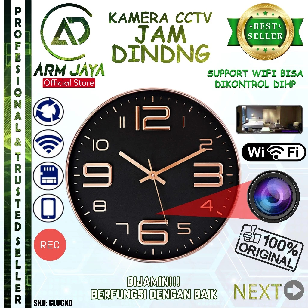 Armjaya Hidden Camera Clock Jam Dinding WiFi 1080P CCTV CLOCKD Pengintai Rahasia APP Monitoring