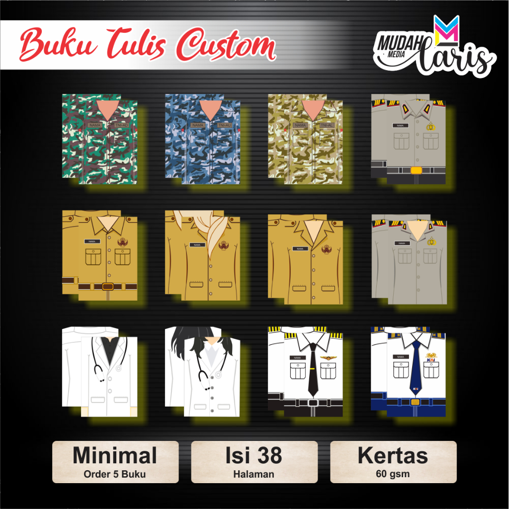 

Buku Tulis Custom Seragam Profesi Pekerjaan 38 Lembar / Buku Tulis Seragam 1 Pcs