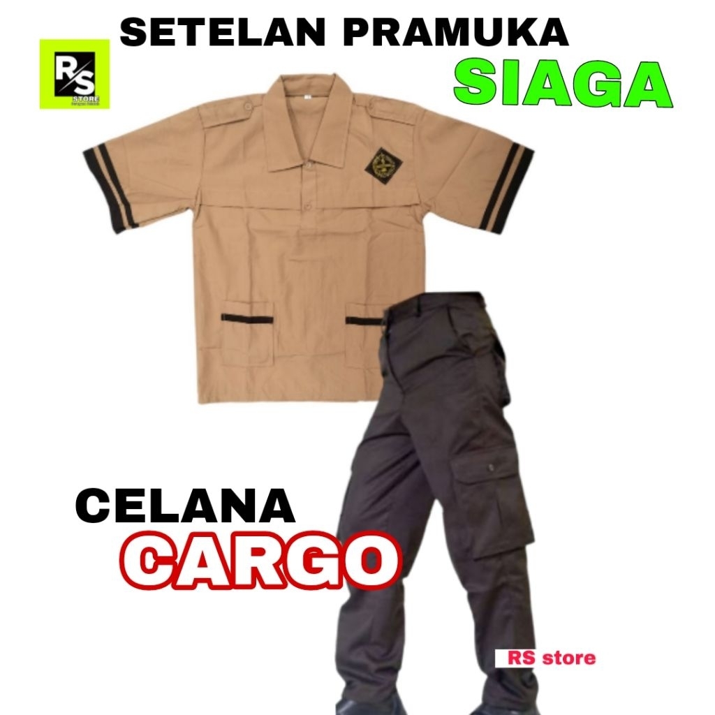 Setelan Seragam Sekolah SD Pramuka Siaga Baju Pendek Celana PDL Cargo Panjang