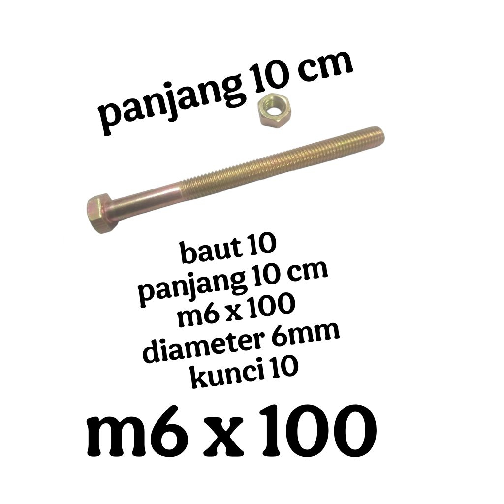 baut 10 panjang 10cm/baut mur kuning m6 x 100(10cm) k.10