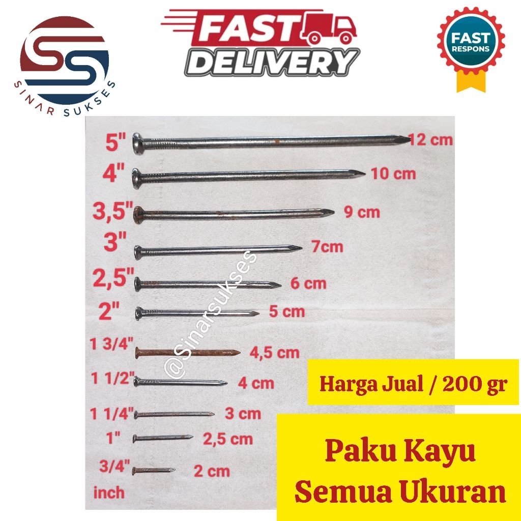 Paku Kayu SEMUA UKURAN LENGKAP Berat 200 gram/ Paku Kayu 5 cm/ Paku Kayu 7 cm/ Paku Kayu 10 cm/ Paku