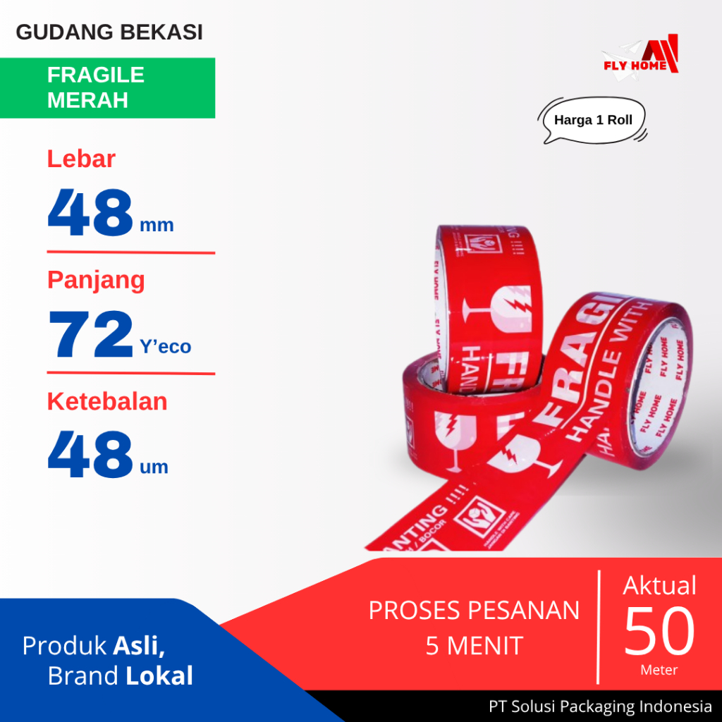 

FLYHOME 1Roll Lakban Fragile Merah 48x72Y 2inci Uk Besar ECO 72 Yard