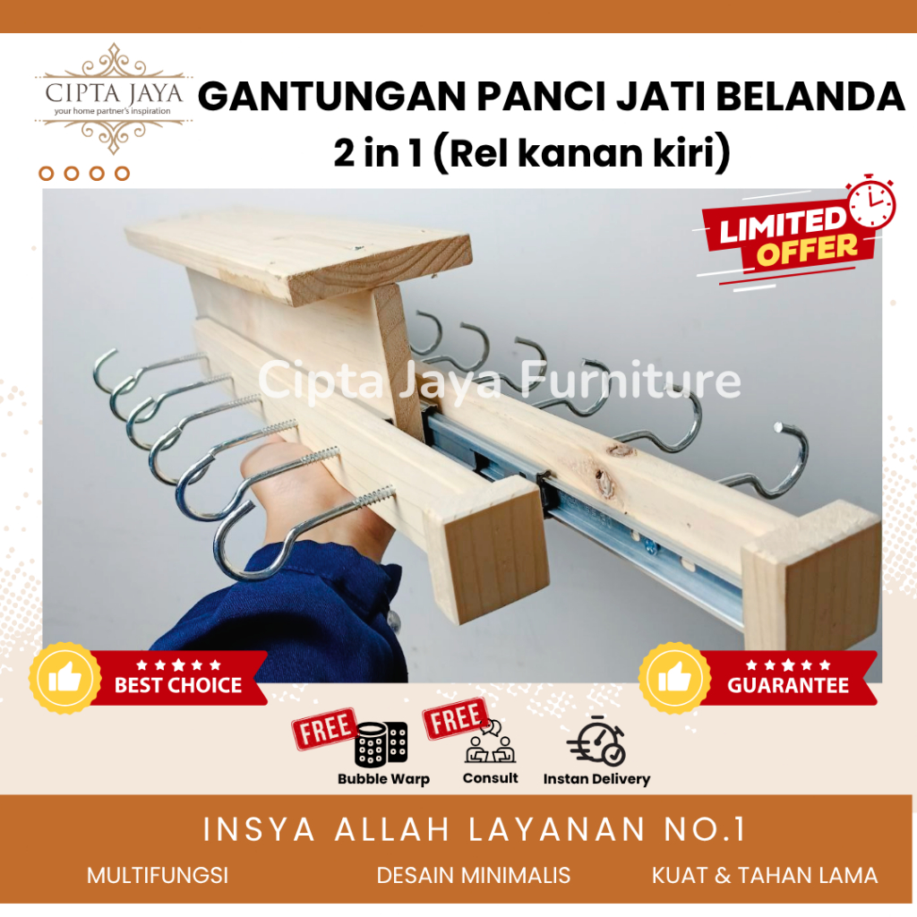 Cipta Jaya - Gantungan Kayu Jati Belanda 2 IN 1 Rel Kanan Kiri Rak Kolong Panci Wajan Printilan Dapu