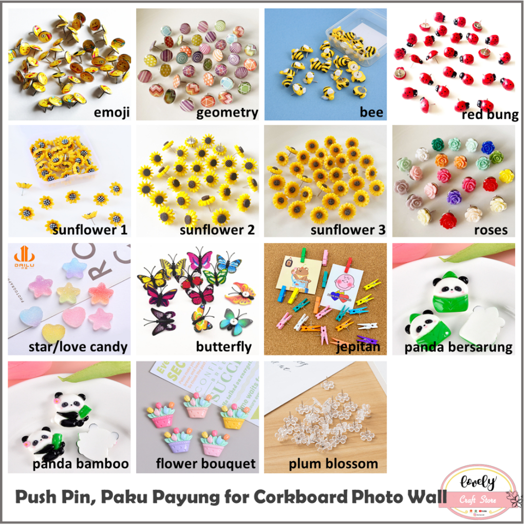 

LovelyCraftStore | 1pc or 2pc Paku Payung, Push Pin Cute Motif for Corkboard, Bulletin Board, Photo Wall Studs Pins Sationery etc
