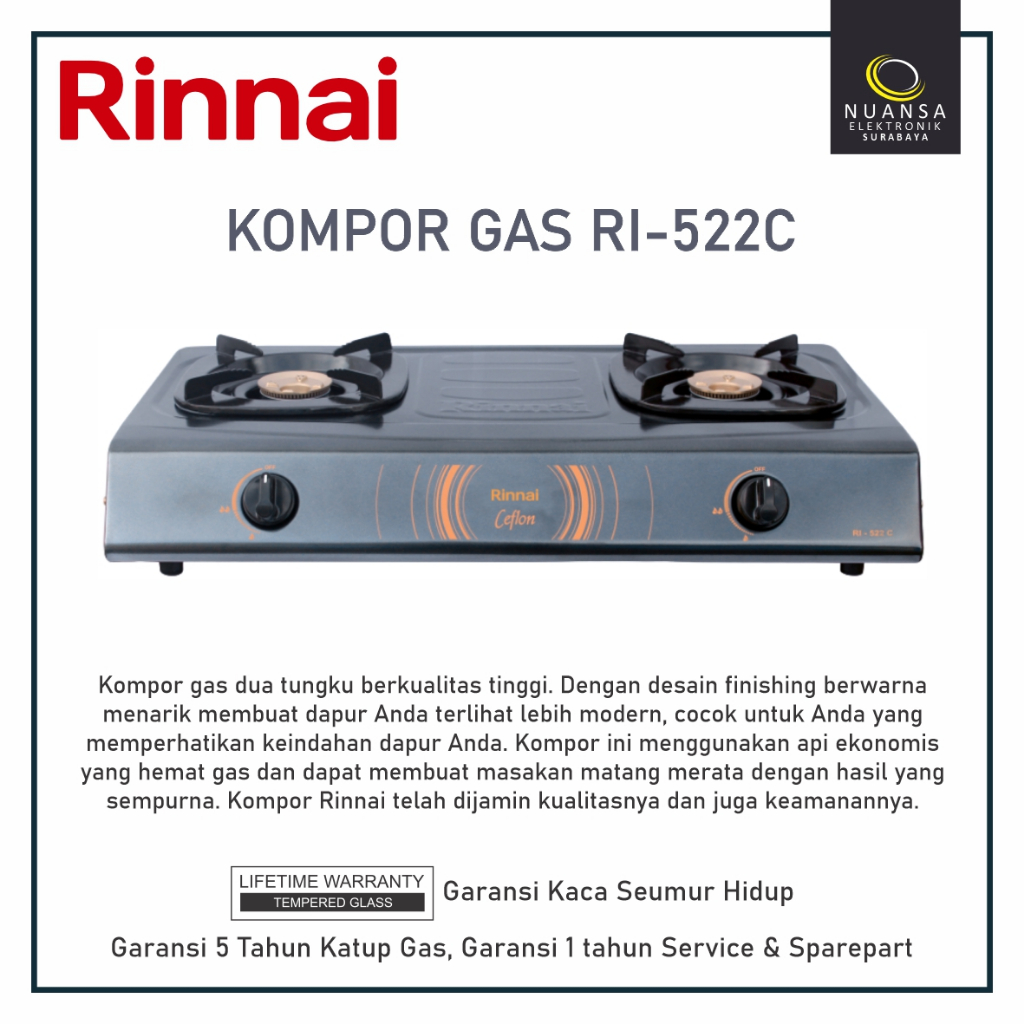 RINNAI RI-522C / RI 522C / 522 C Kompor Gas 2 Tungku Api Ekonomis Garansi 5 Tahun