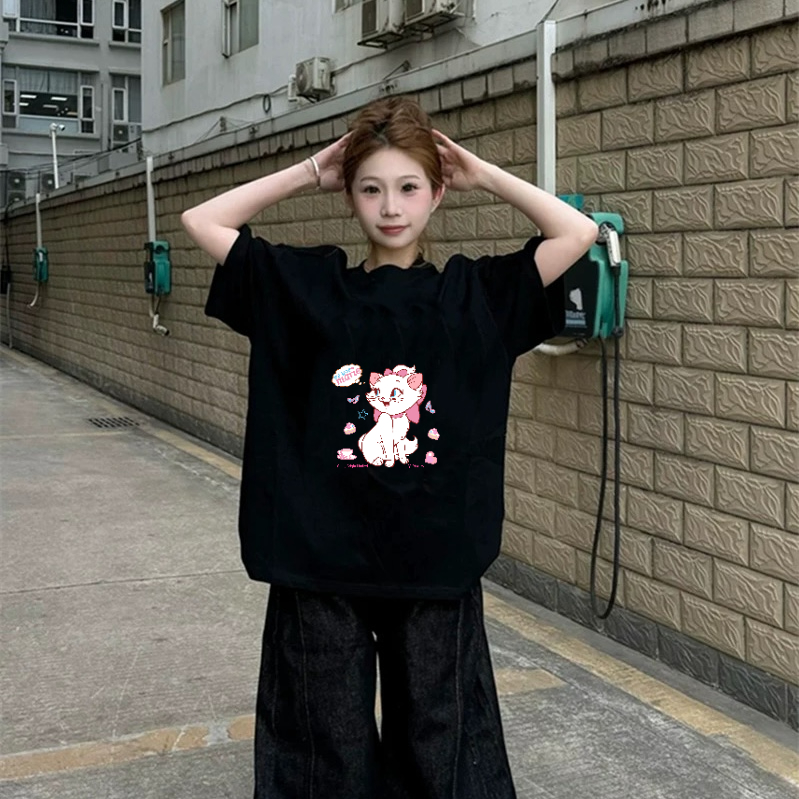 Kaos Polos Putih Wanita Kucing Mary Gaya Streetwear Hitam Putih, Material Katun 100%