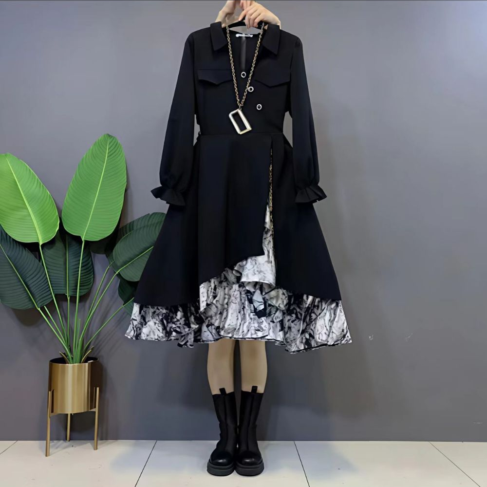 FANMU Dress Kemeja Wanita/Hitam Dress Korean Style Wanita Lengan Panjang