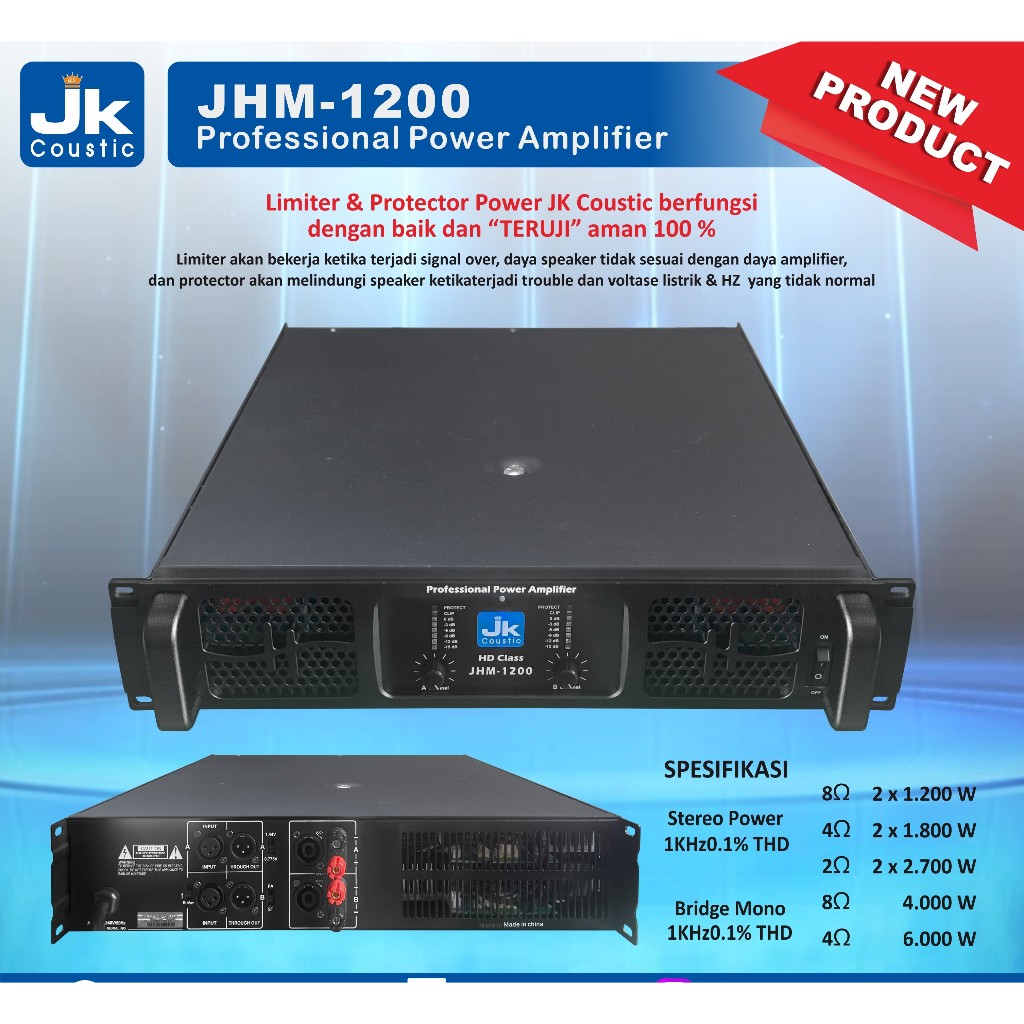 Power Jk Coustic JHM-1200 Power Amplifier 2 x 1200 Watt