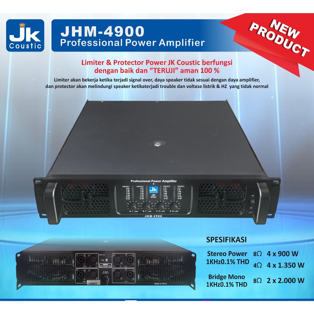 Power Jk Coustic JHM-4900 Power Amplifier 4 x 900 Watt