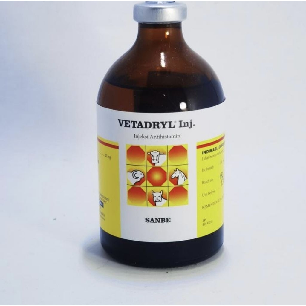 VETADRYL 100 ml -  Obat Antihistamin Hewan Sapi Kuda Domba Kambing Babi Anjing Kucing