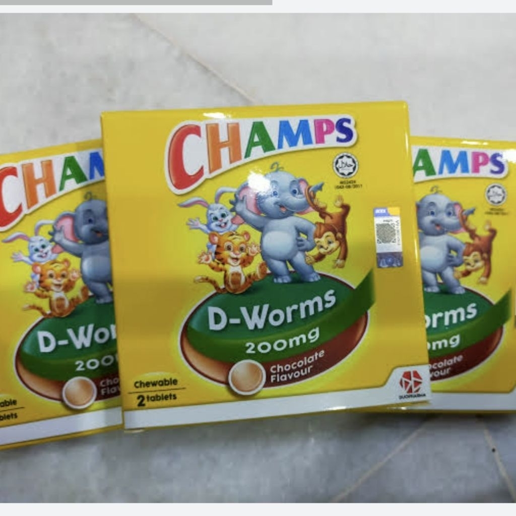 Champs D worms 200mg  rasa chocolate isi 2 tablet obat cacing anak dan dewasa exp 2027
