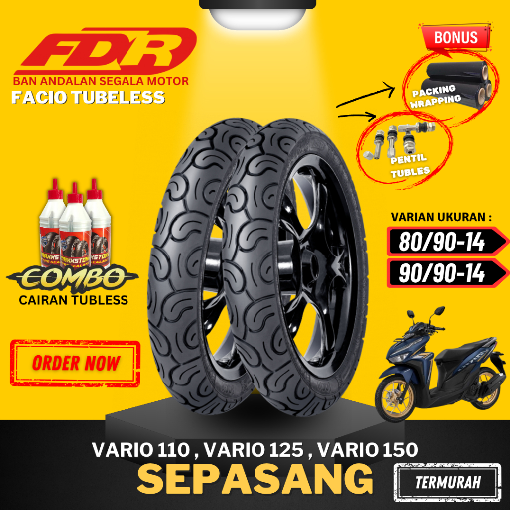 [PAKET SEPASANG MURAH] BAN FDR FACIO RING 14 / ( 80/90-14 / 90/90-14 ) BAN FDR TUBELESS TUBLES RING 