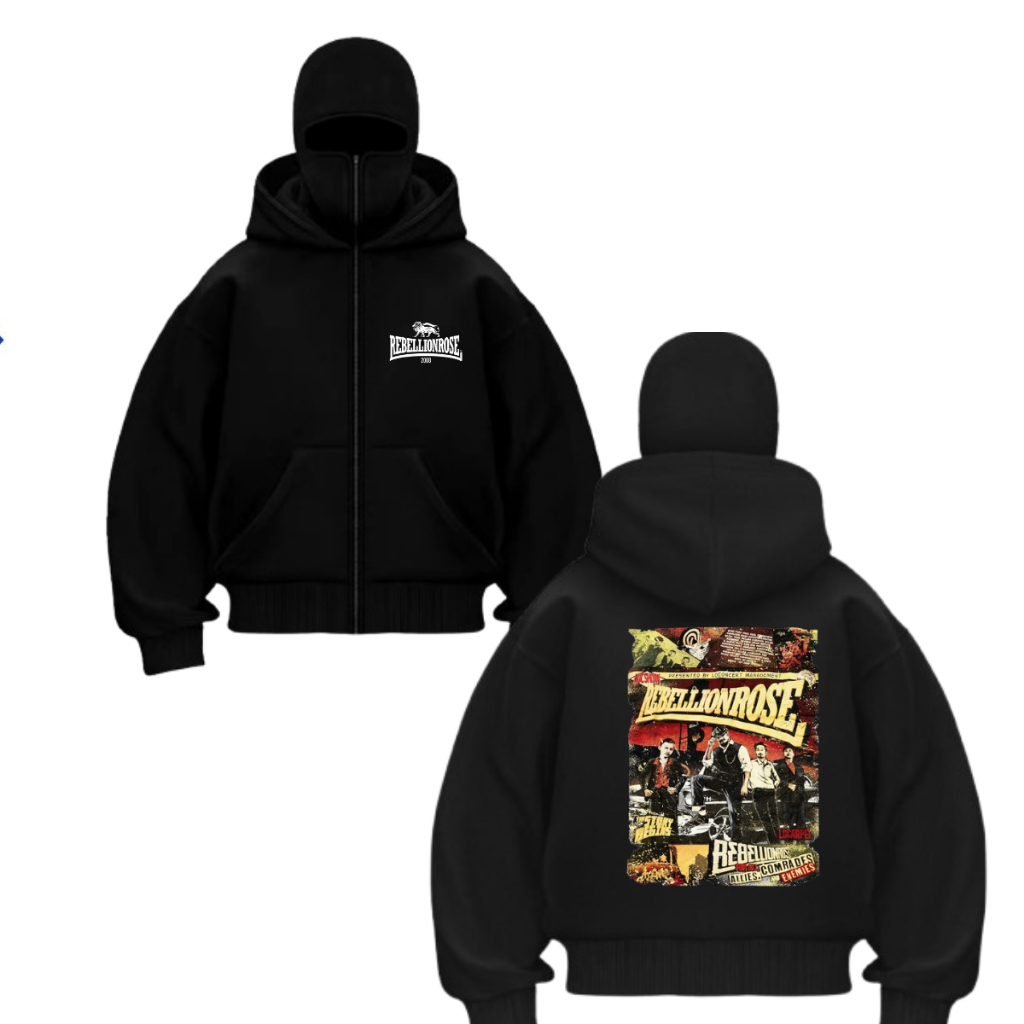 Jaket Ninja HOODIE BALACLAVA ZIPPER JAKET BOXY HITAM Rebellion Rose Comrades Band