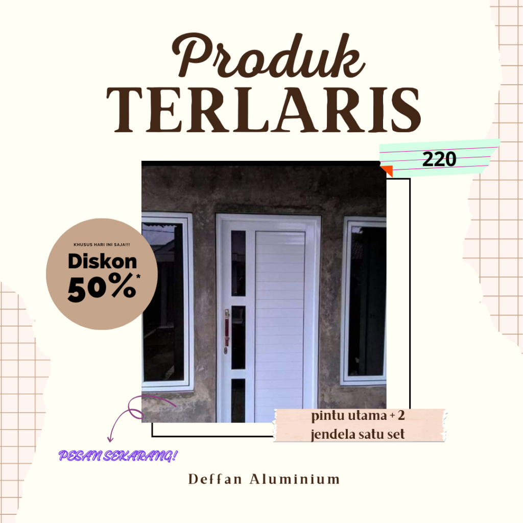 kusen pintu aluminium spandrel 220x90 + jendela kanan kiri 150x50