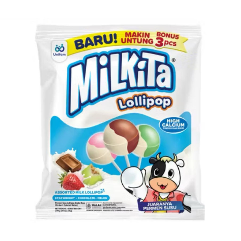 

Milkita permen susu Lolipop isi 30 pcs+3 Free,mix rasa stroberi,cokelat,dan melon.