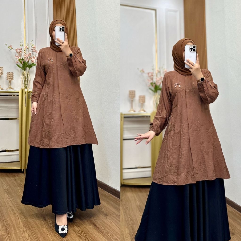 Nura Collection Official - Tunik Polo Bordir - Tunik Wanita Model Terbaru Bahan Polo Linen Bordir - 