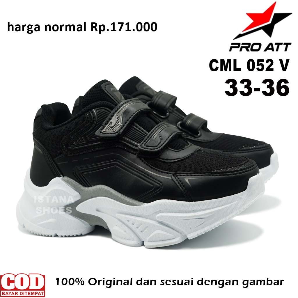 Sepatu Sekolah Anak Perempuan PRO ATT CML 052 Hitam Putih Perekat SD Sneakers