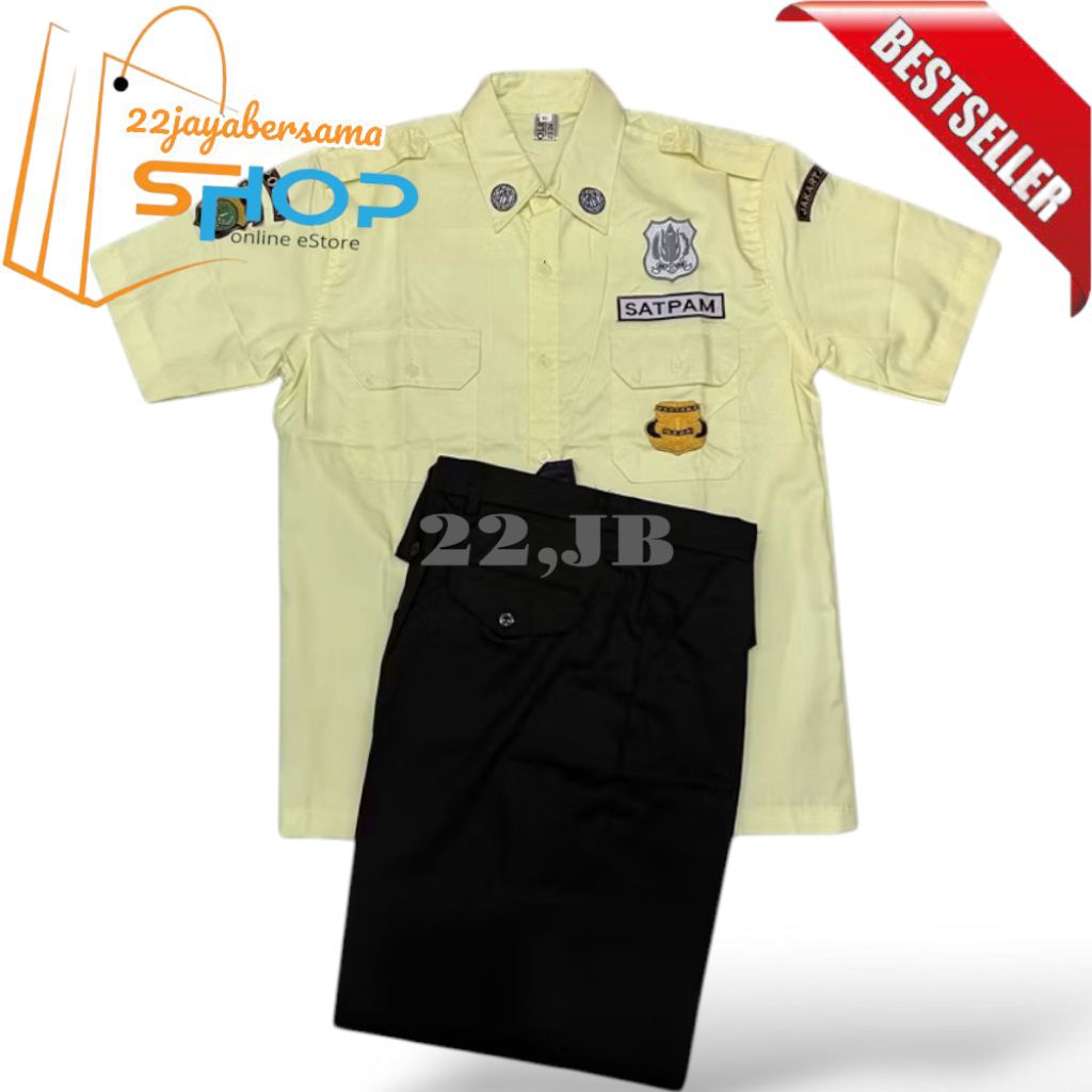 Stelan Seragam PDH Satpam warna Cream Bahan American Drill ( satu set Baju+Celana )