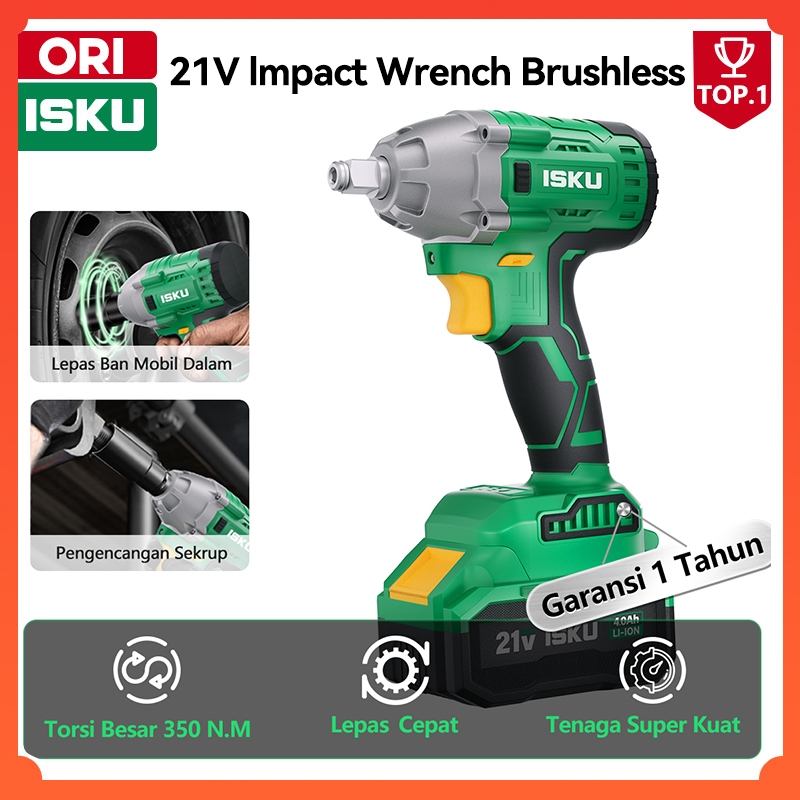 ISKU Cordless Impact Wrench Brushless 21V Mesin Bor Baterai Buka Baut Ban Mobil CVT Motor Torsi Besa