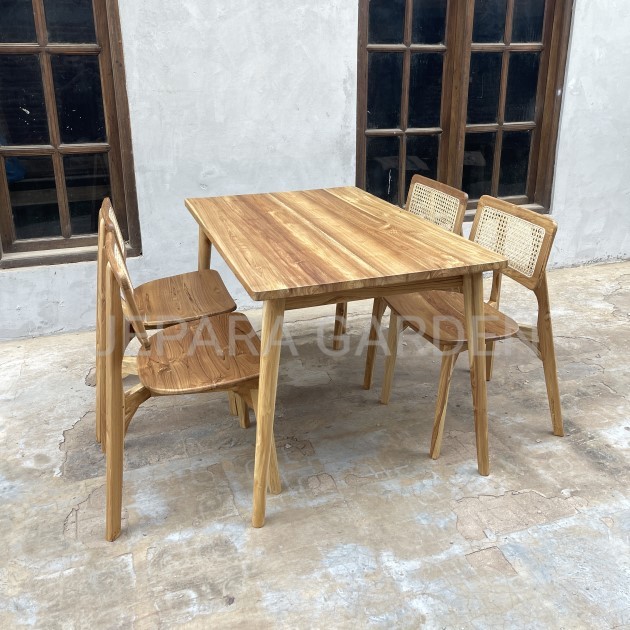 Set Meja Makan 4 Kursi Rotan Kayu Jati Minimalis Cafe Ukuran 120cm