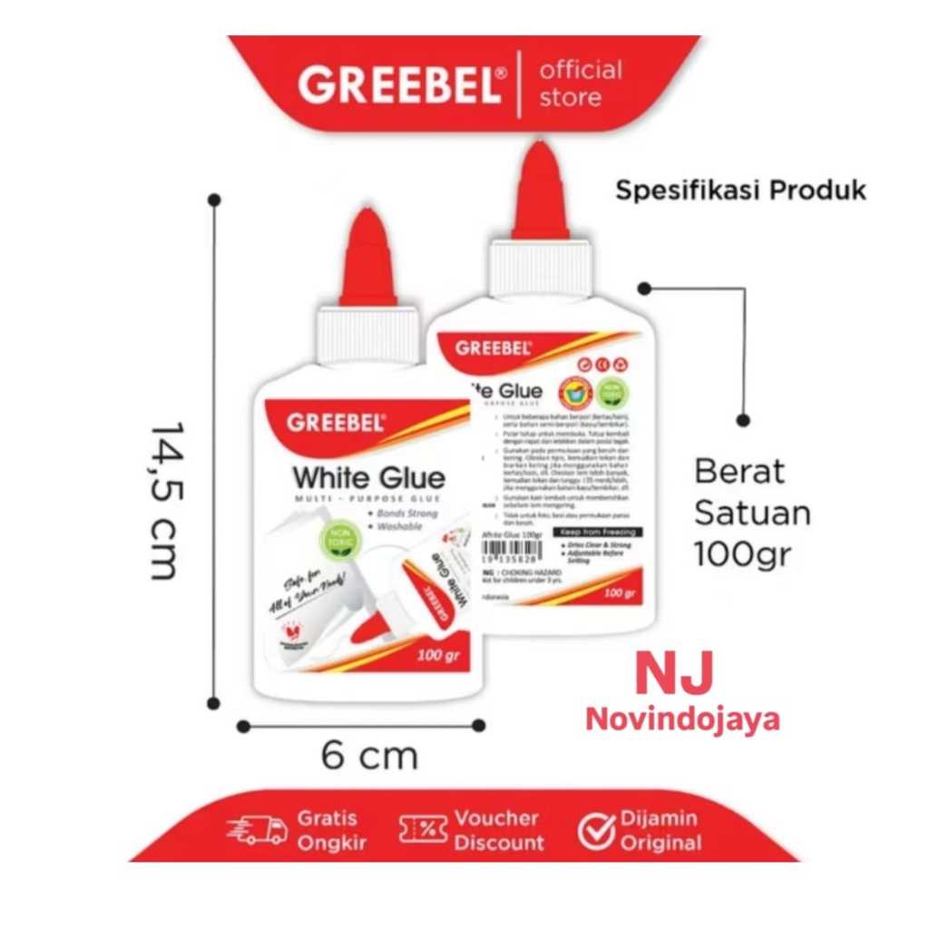 

LEM SERBAGUNA GREEBEL WHITE GLUE 100GR LEM PUTIH PEREKAT KERTAS TERMURAH GROSIR 12PCS