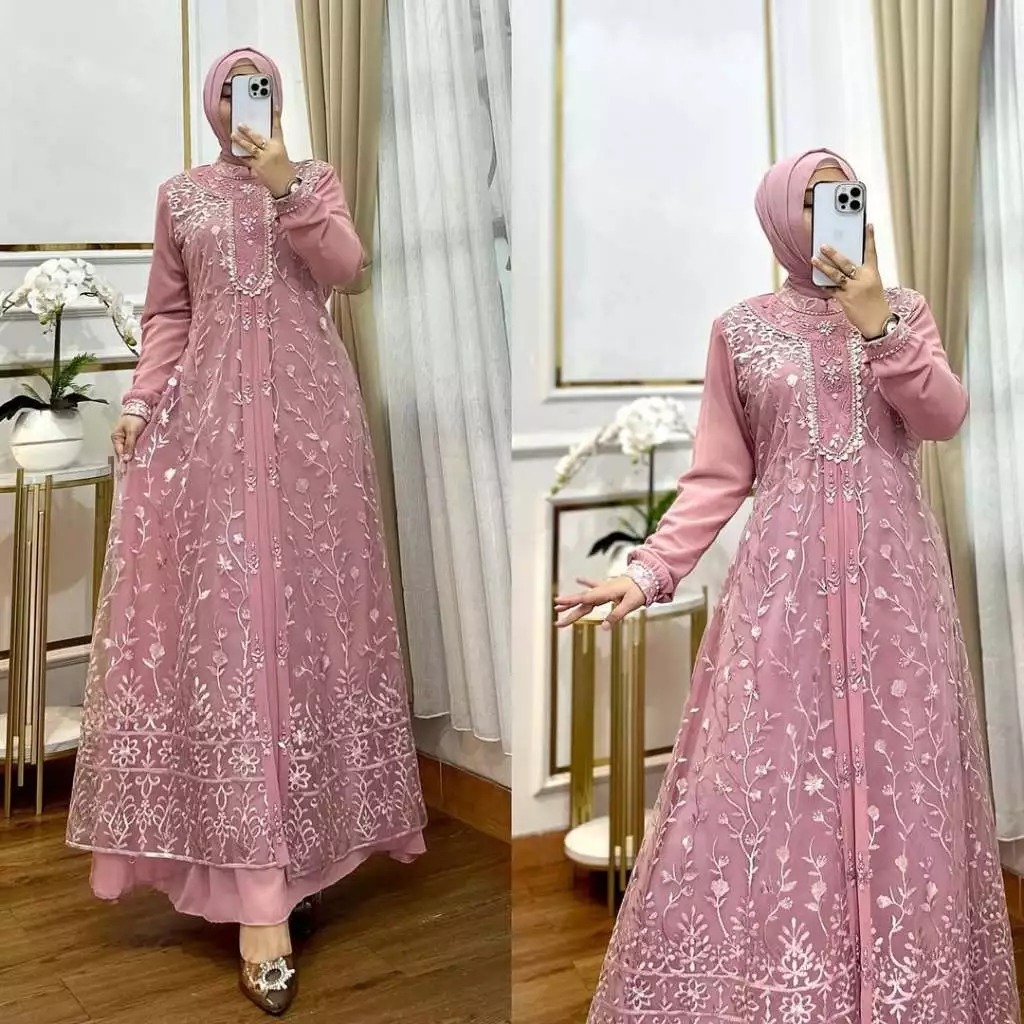 Gamis Kekinian Maudy Dress BO Bahan Ceruty Baby Doll Mix Brukat Garden Aplikasi Mutiara Payet Swarov