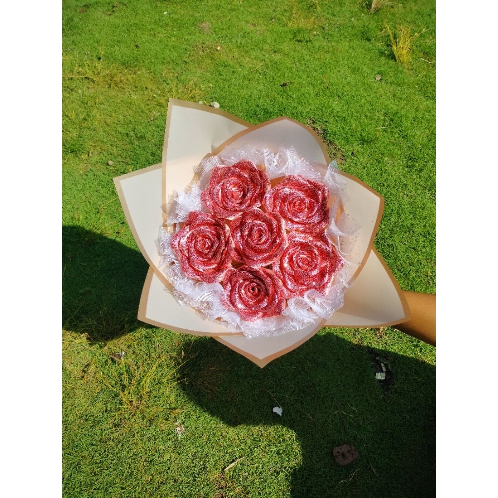 Bucket Bunga Satin Gliter Pink Besar