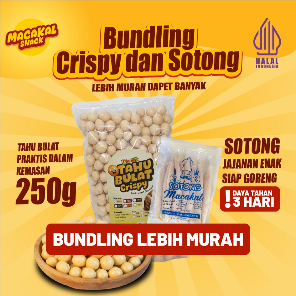

Macakal - Bundling Sotong Isi 20 & Tahu Bulat Mini Kering Crispy 250g | Camilan Renyah & Siap Goreng Khas Ciamis
