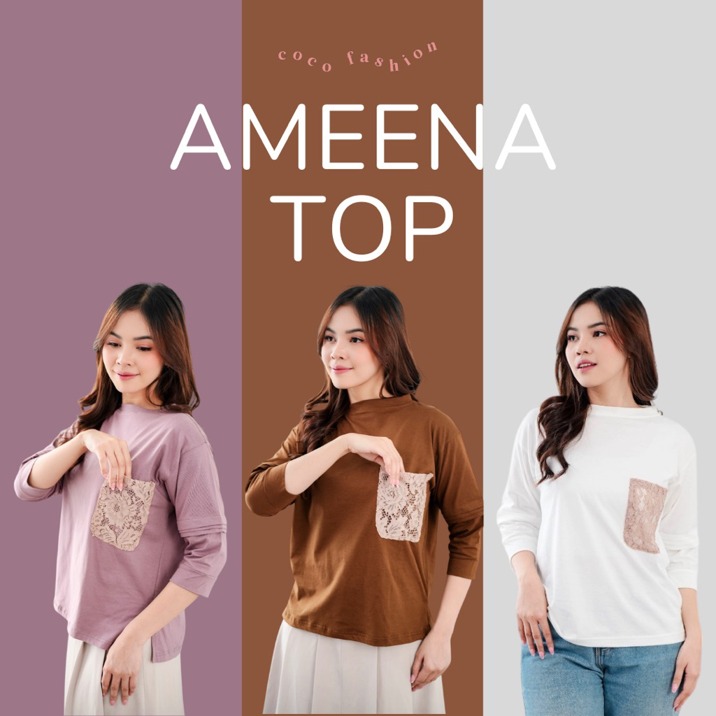 Atasan Wanita Kaos Ameena Top Brukat Pocket Casual Shirt Basic Look Lengan 7/8 Cotton Combed Premium