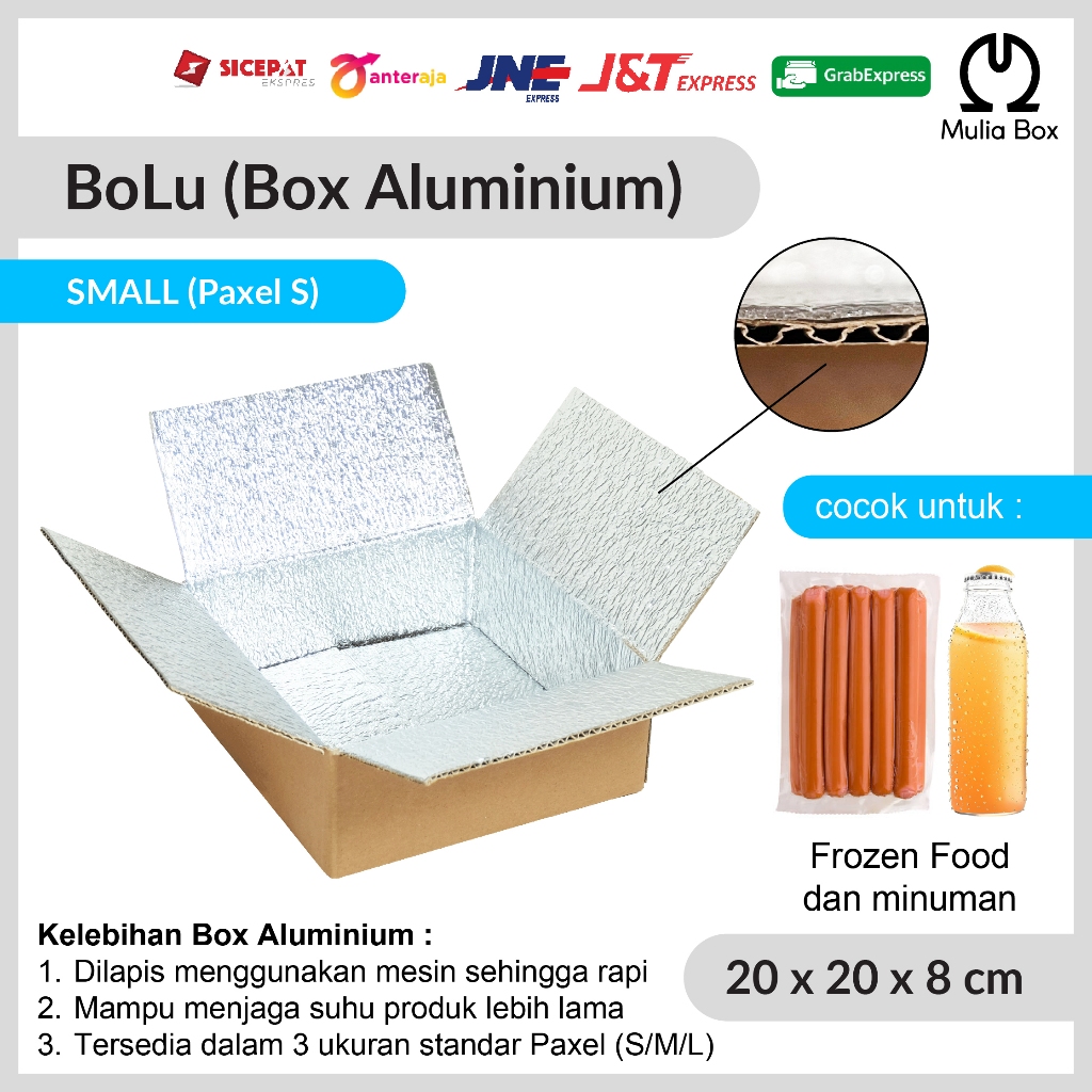 

Kardus Packing Standar Box Frozen Food 20 x 20 x 8 cm BoLu Corrugated Aluminium Foil Paxel Small