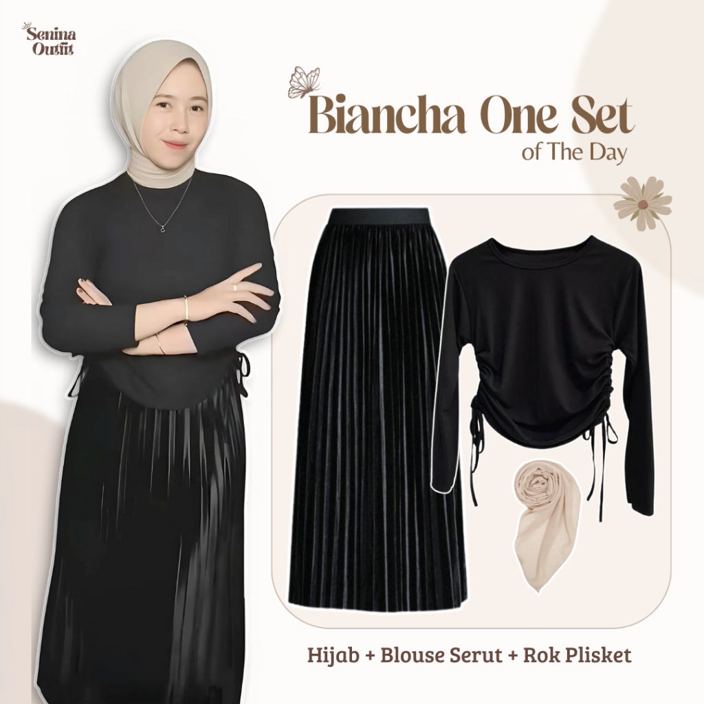 Setelan One Set Biancha ( Rok Plisket Bludru + Crop Top Serut + Hijab ) Outfit Wanita Kekinian SO9