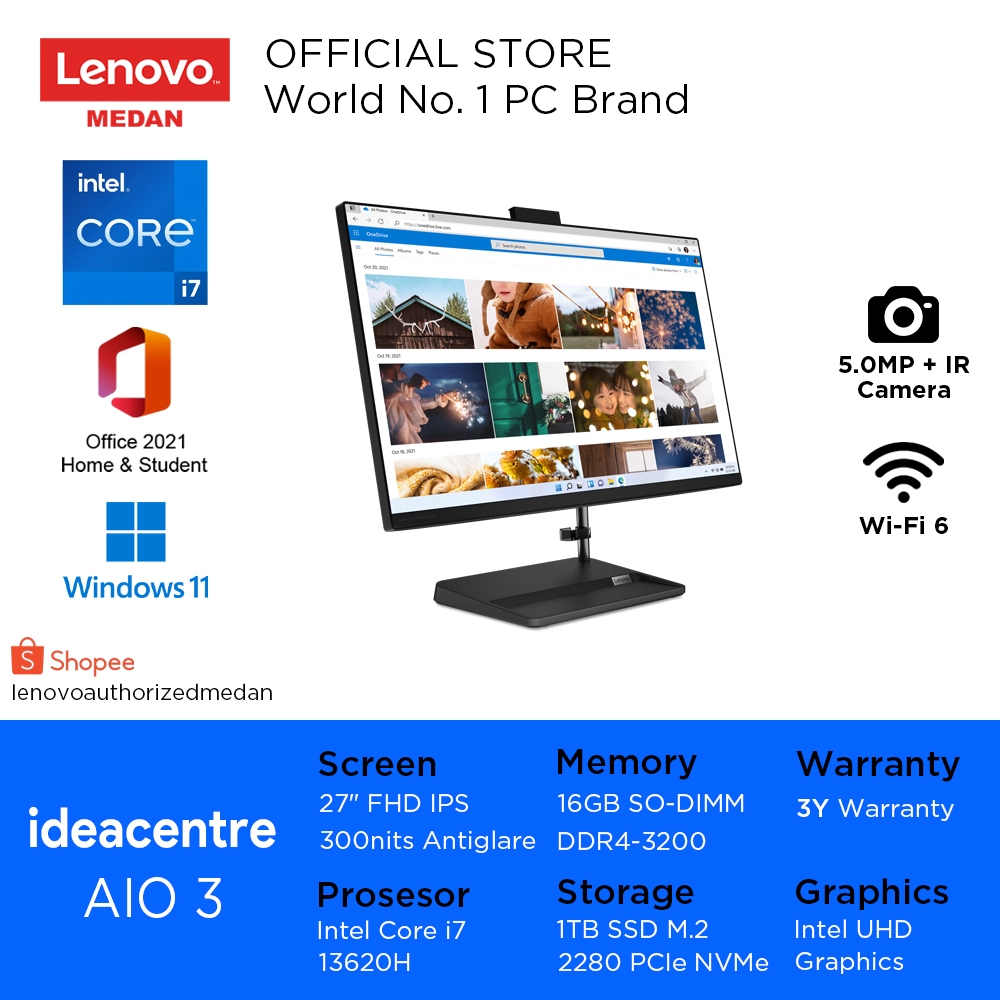 Lenovo AIO 3 27IAP7 09ID, Ci7-13620H/16GB/1TB M2/DVDRW/W11HSL+OHS/Black/3Y/27" FHD IPS Touch, Wirele