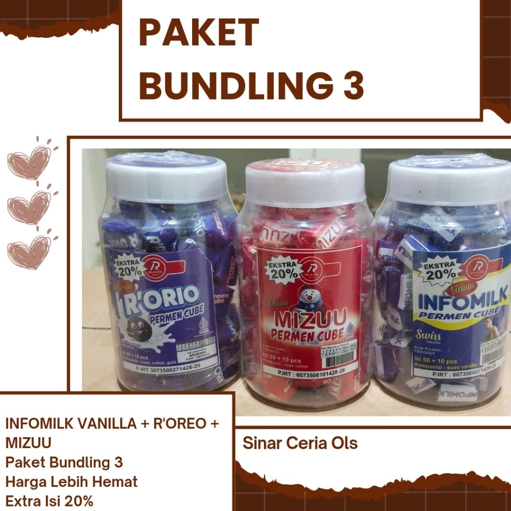 

Paket Bundle 3 Candy Cube INFOMILK VANILLA + MIZZU + R OREO/ Candy cube isi 60pcs Rendah gula